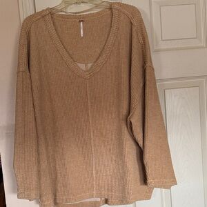 Free People Ribbed V-Neck Sweater in Camel Beige